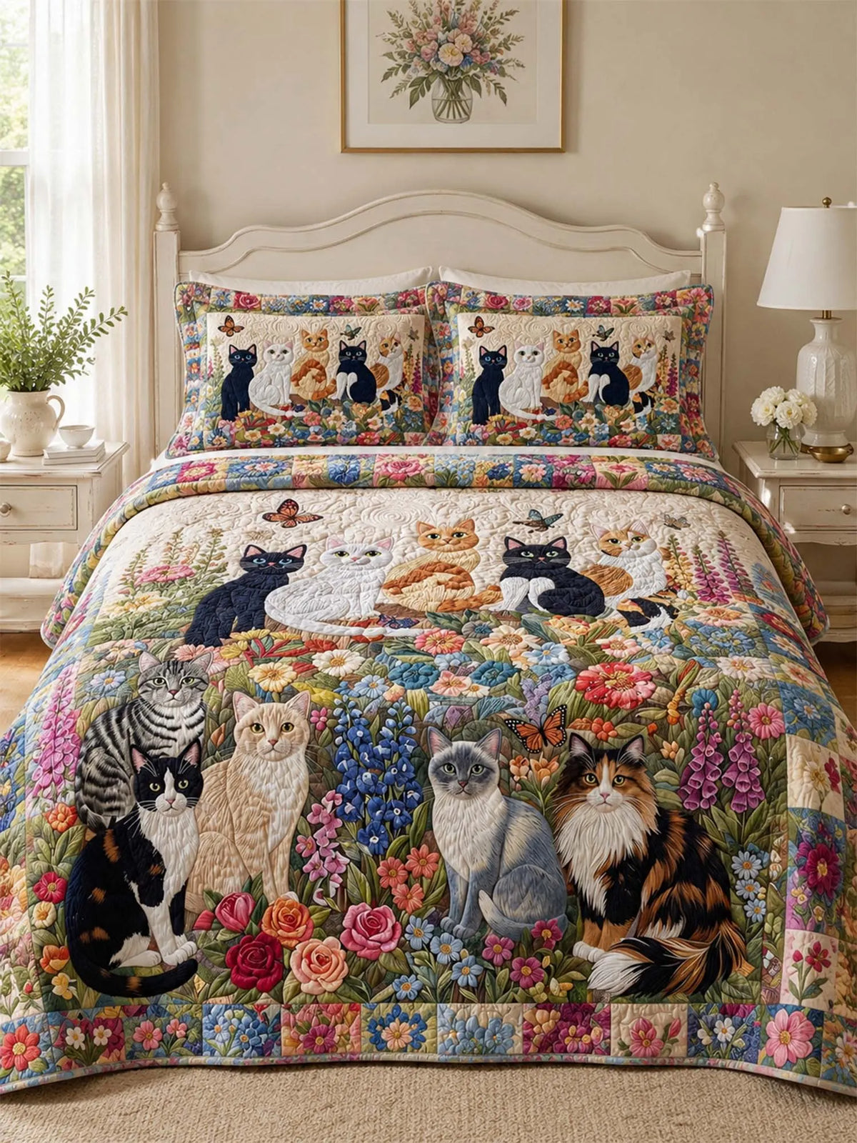 Wildflower Cat Garden Quilted 3-Piece Bedding Set